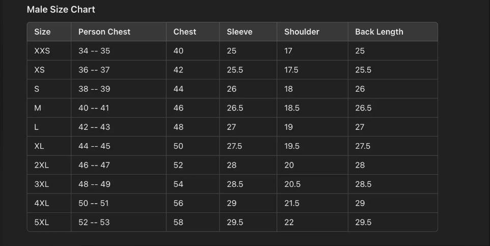 Cowhide jacket size chart men