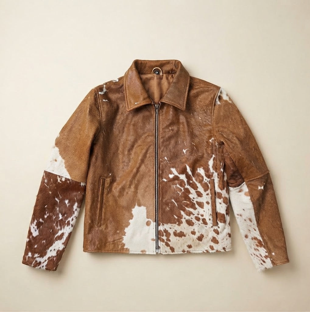 Paneled sleeve detail showing contrasting hair grain on cowhide jacket