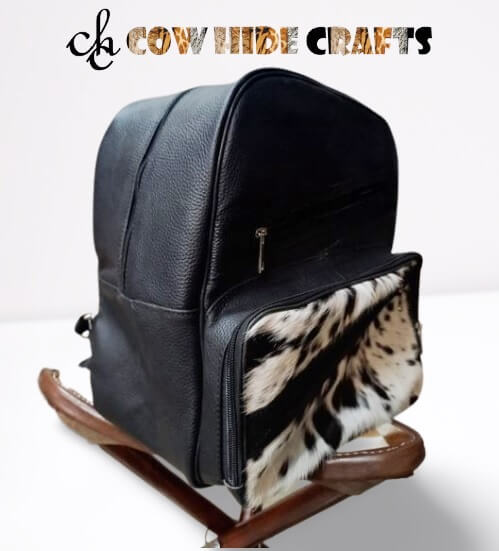 Cowhide leather camping backpack black white