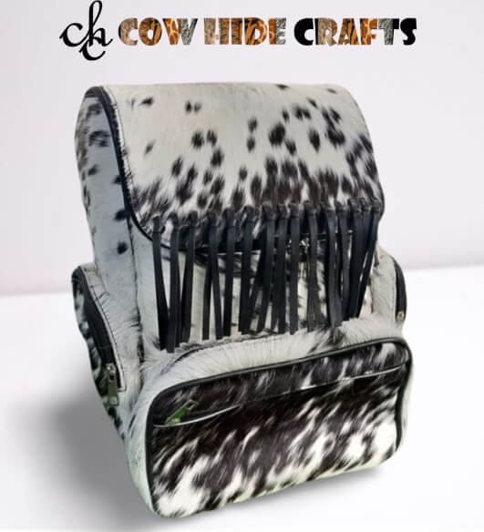 Cowhide leather fringe backpack black white