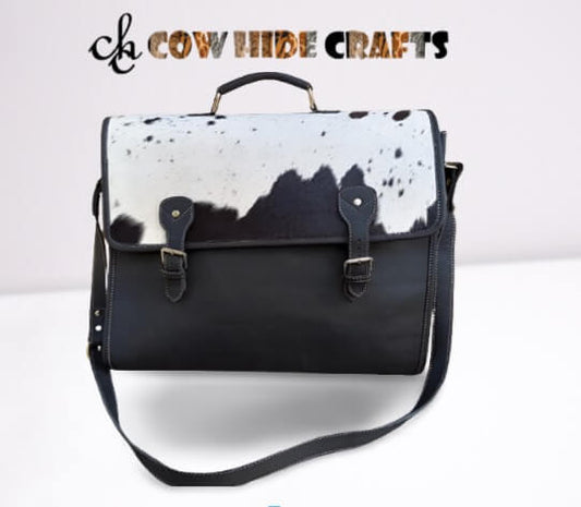 Cowhide leather laptop bag black white flap