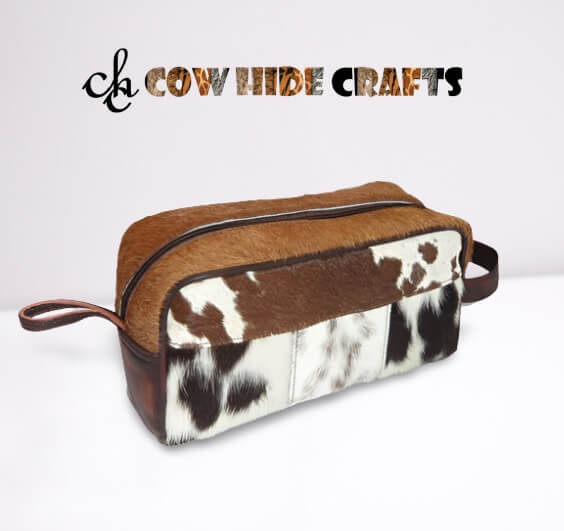 Cowhide leather shaving kit brown white hair on