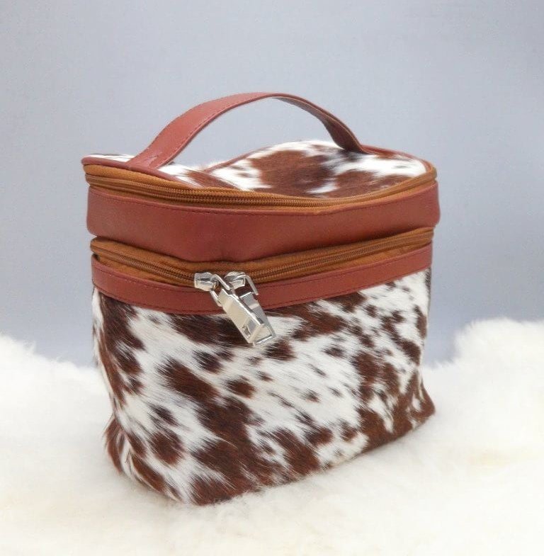 Cowhide makeup accessories organizer pouch with leather handle