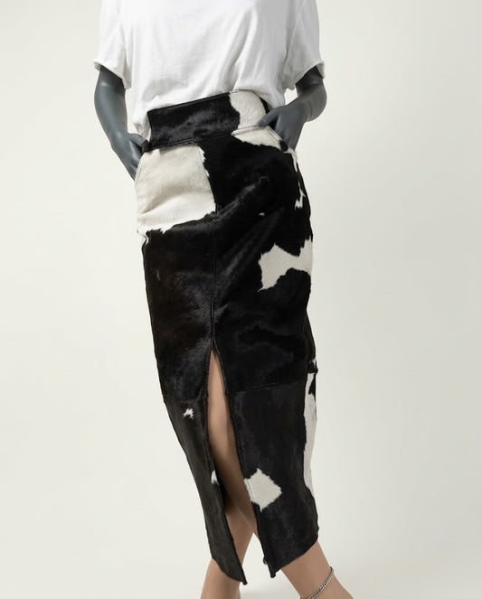 Center-front thigh slit detail on cowhide maxi skirt
