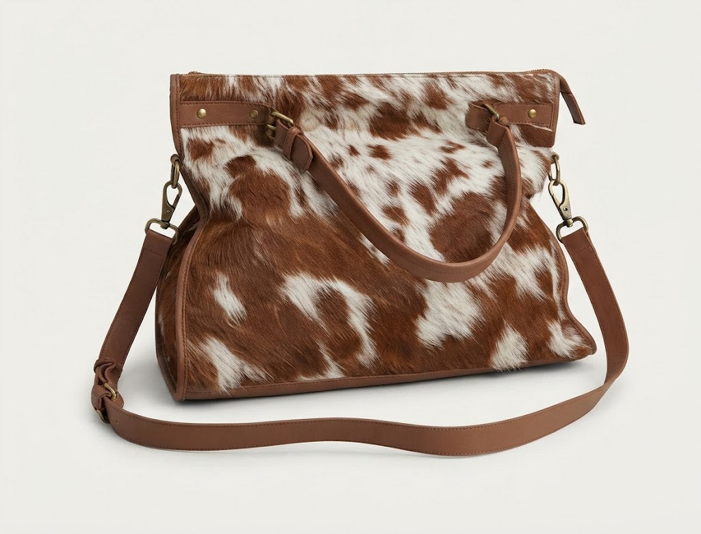 Horizontal leather accent band with brass rivet detail on cowhide tote
