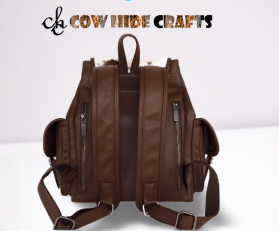 Brown and white cowhide military leather rucksack