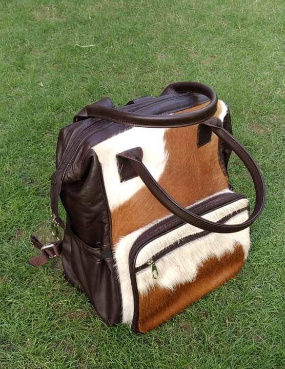Cowhide mommy backpack brown white hair on