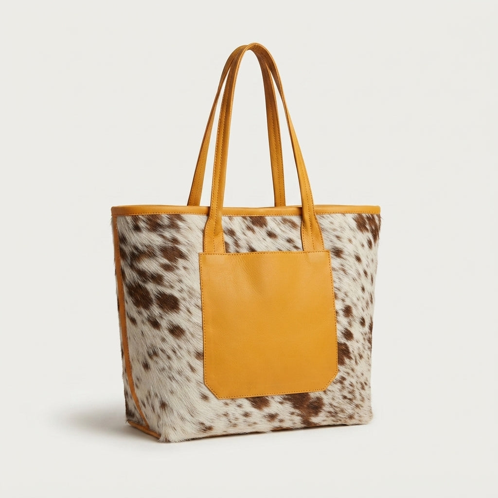 Cowhide open-top tote bag with mustard yellow leather trim