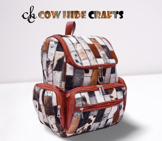 Cowhide patchwork backpack with vertical hair on hide panels