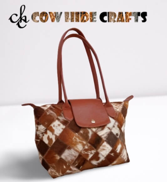 Cowhide patchwork bag flap and zipper closure