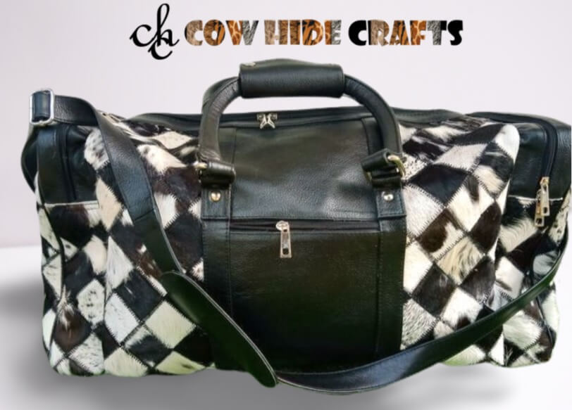 Cowhide patchwork duffle diamond black white large