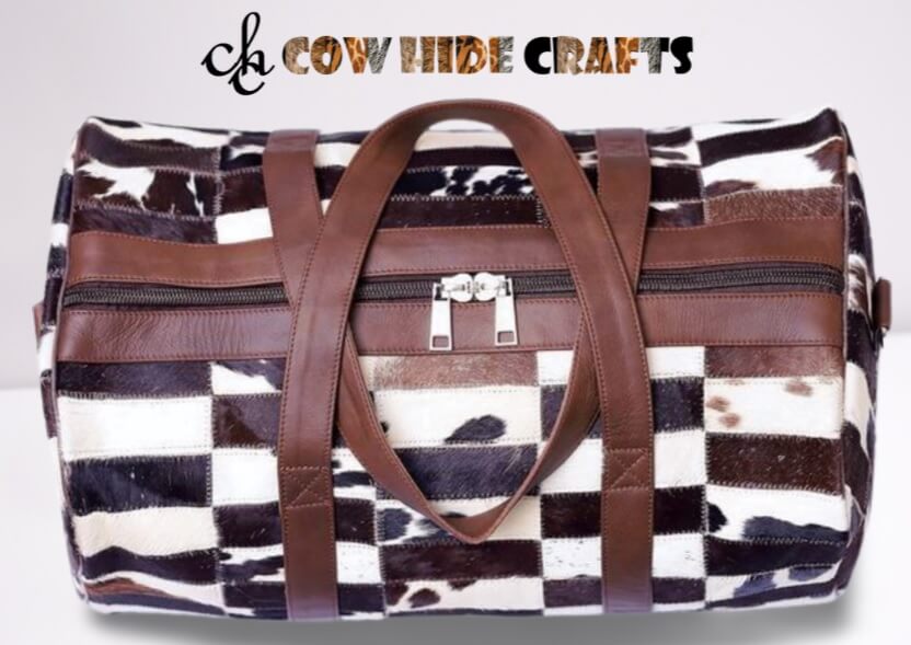 Cowhide patchwork duffle main zipper closure