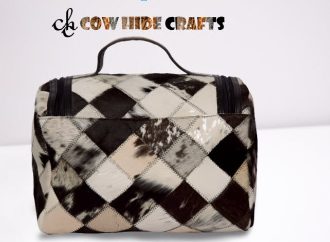 Cowhide patchwork makeup case top handle