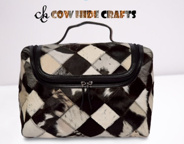 Cowhide patchwork toiletry kit bag black white
