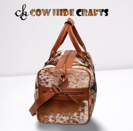 cowhide patchwork weekender bag