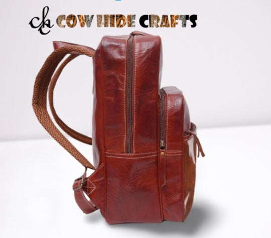 Western leather backpack with hair on hide accent