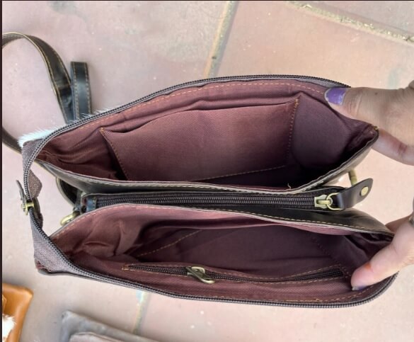 Cowhide purse double zipper top compartment