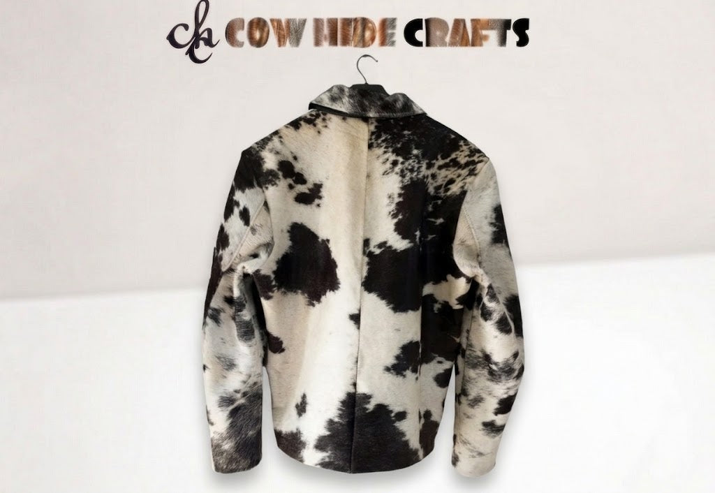 Back view of hair-on cowhide rider jacket showing structured torso