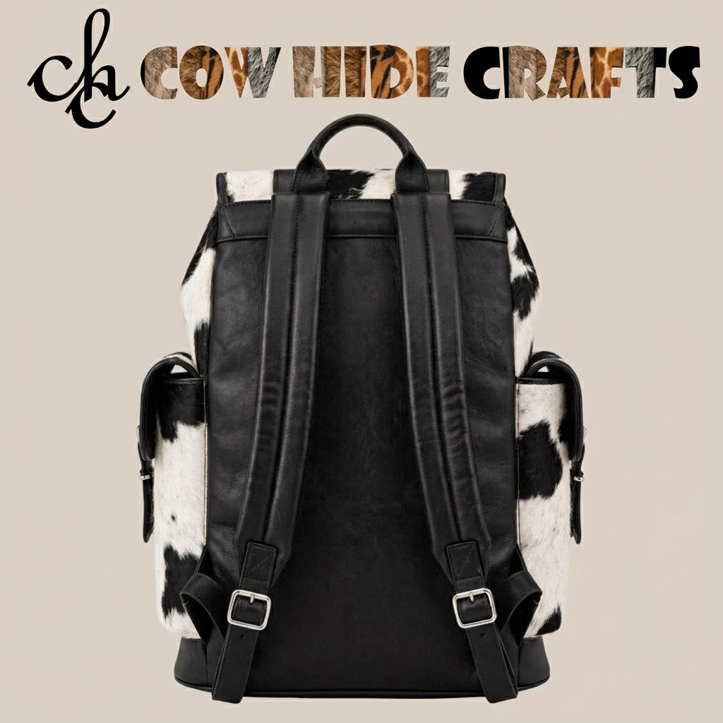 Vertical roller buckle strap detail on cowhide rucksack backpack