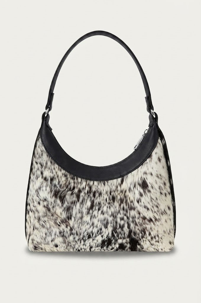 Cowhide salt-and-pepper hobo bag front view