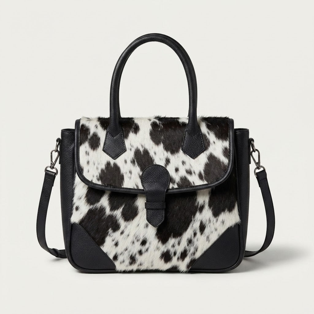 Flap closure and magnetic tab detail on cowhide satchel bag