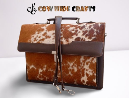 Cowhide satchel work bag brown white office