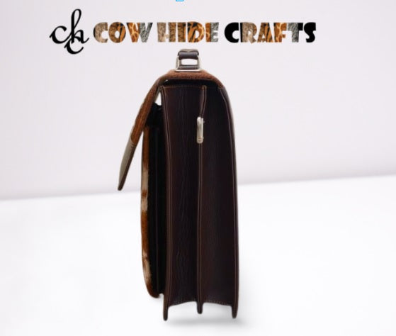 Cowhide satchel work bag side view