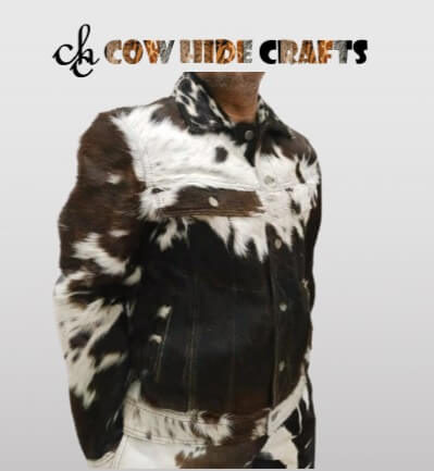 Close-up of shirt collar and zip closure on men's brown white hair-on cowhide jacket
