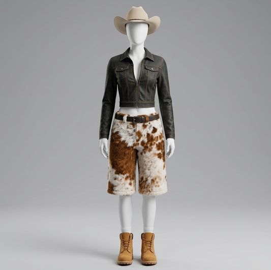 Waistband and belt loop detail on cowhide wide-leg shorts