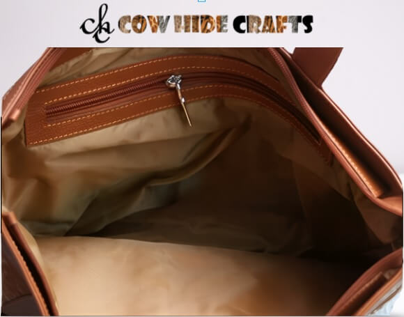 Cowhide stripe handbag lined interior zipper