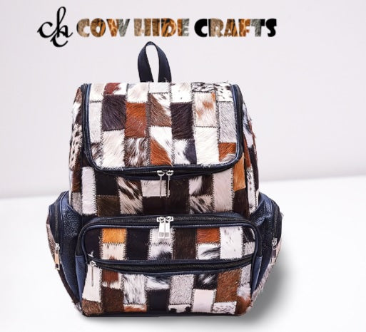 Cowhide stripe rucksack large outside zipper pockets