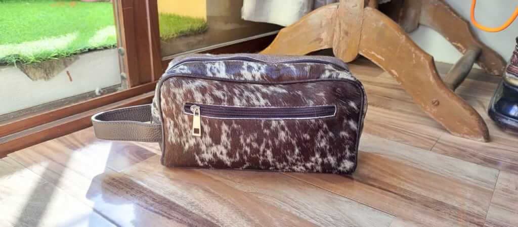 Cowhide toiletry vanity kit brown white travel