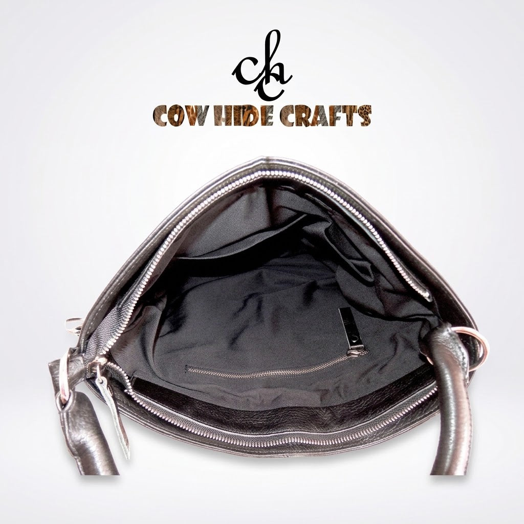 Fully lined interior with zip pocket inside cowhide tote bag