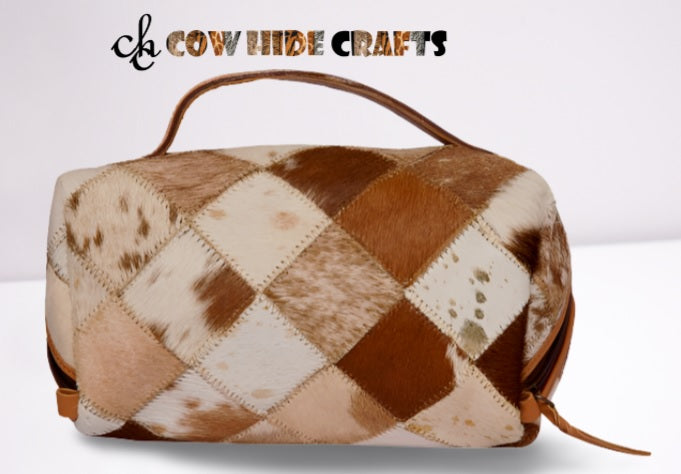 Patchwork cowhide makeup pouch diamond tan white