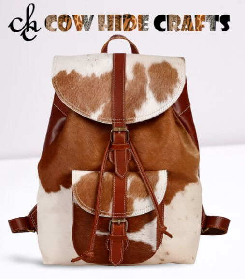 Cowhide travel rucksack tan white hair on