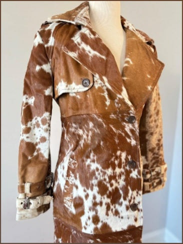 Wide notched lapel detail on patchwork cowhide trench coat