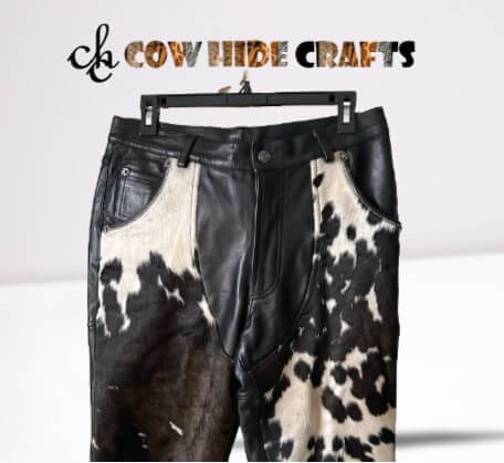 Cowhide trouser button and zip closure detail