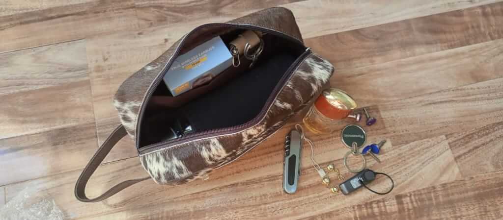 Cowhide vanity kit lined interior