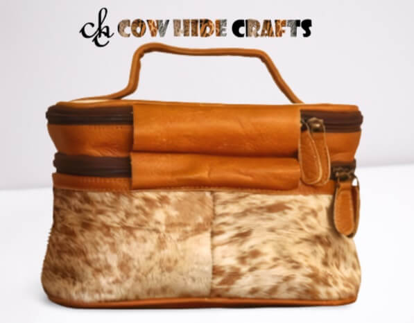 Cowhide vanity kit two main zipper compartments
