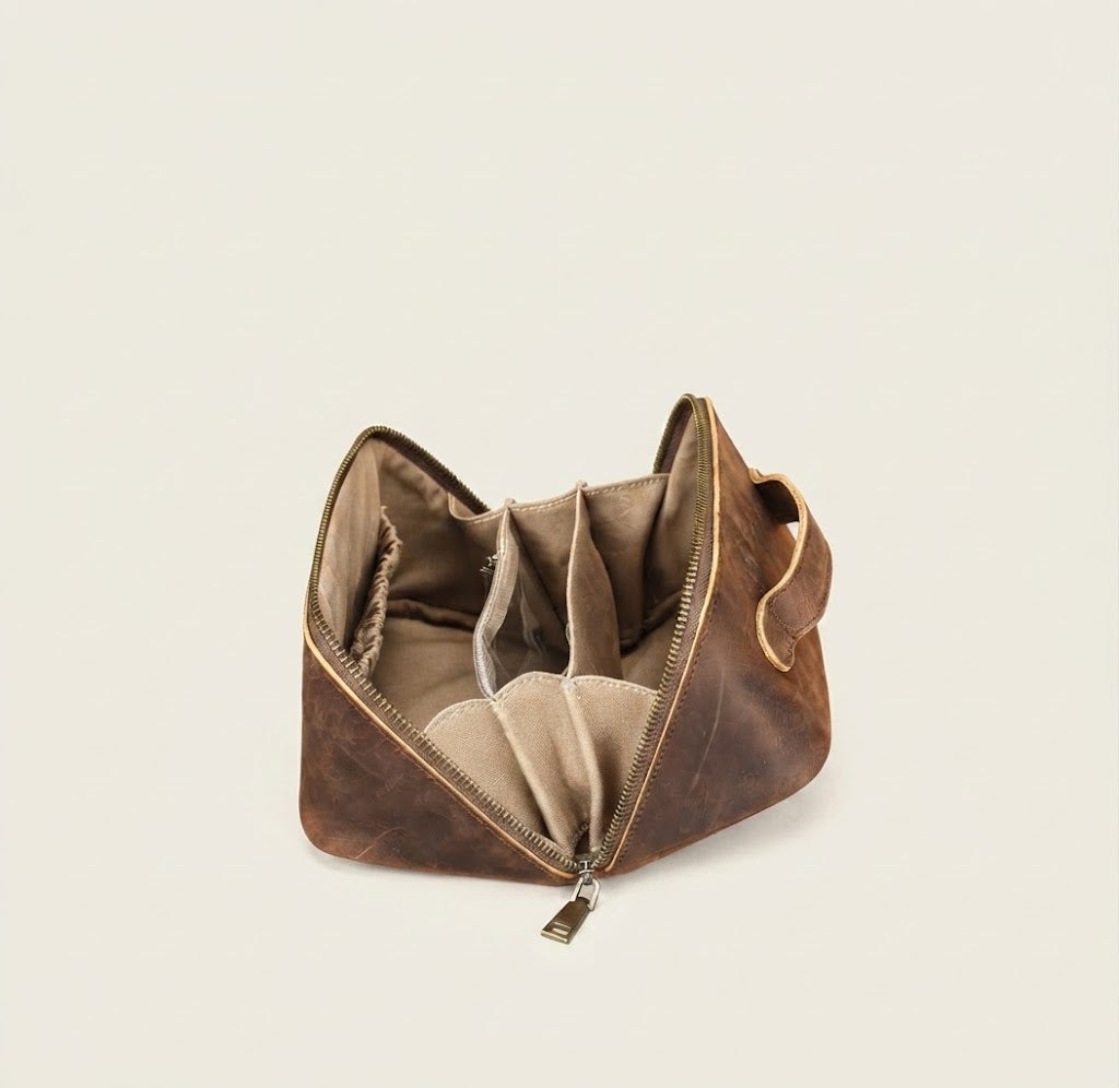 Interior elastic organizer loops inside crazy horse leather dopp kit