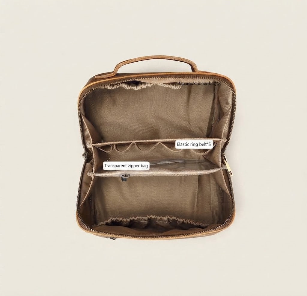 Mesh wall pocket detail inside crazy horse leather toiletry bag