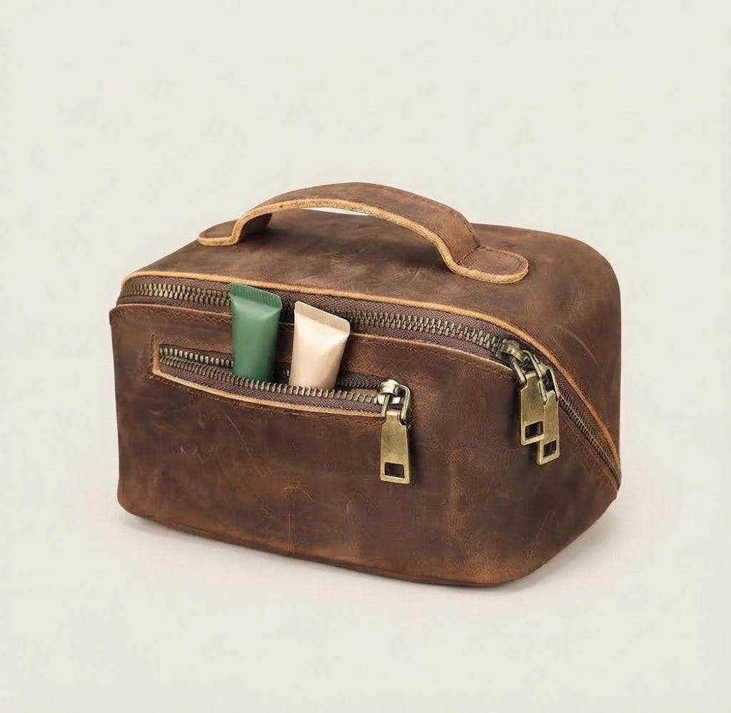 Crazy horse leather dopp kit front view in tobacco brown
