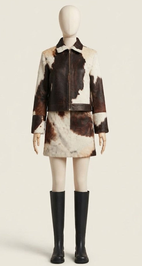 Cropped cowhide jacket and mini skirt set front view