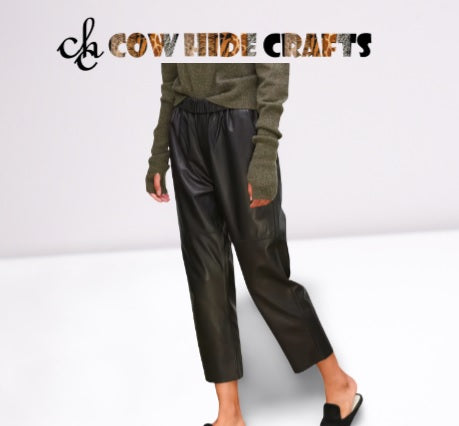 Cropped tapered leather trousers front view with ankle hemline