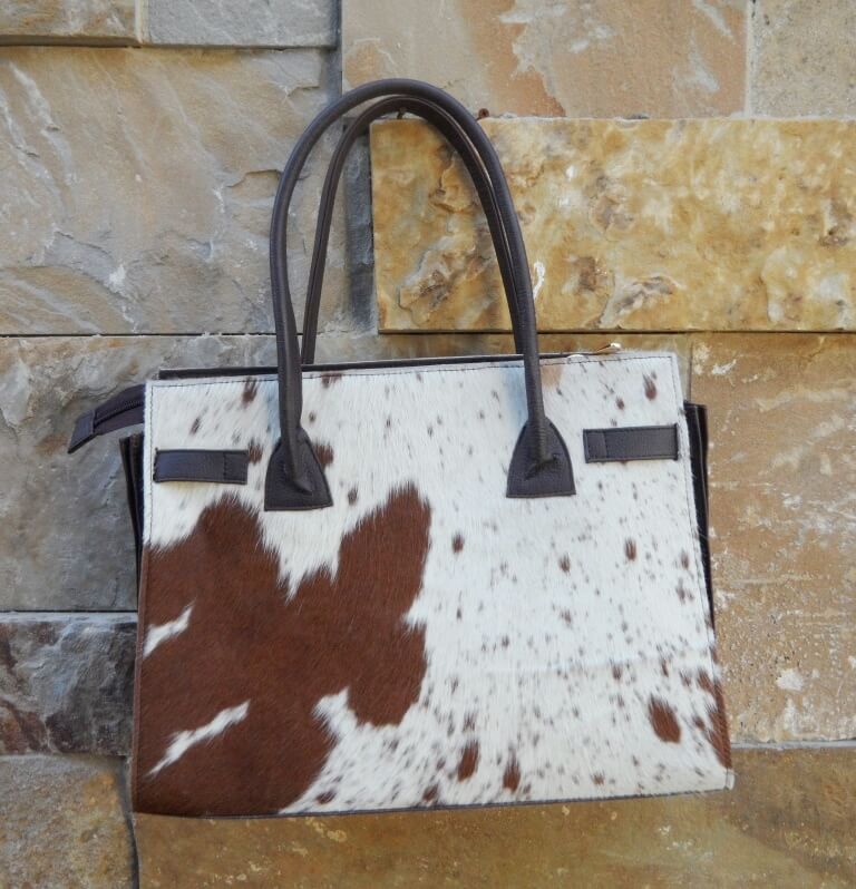 Crossbody bucket handbag tan white cowhide