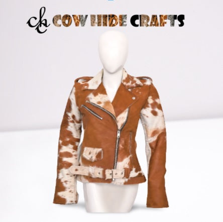 Cowhide biker jacket tan white hair on moto
