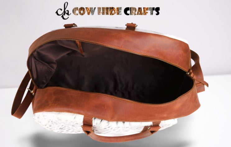curved leather cowhide weekender bag