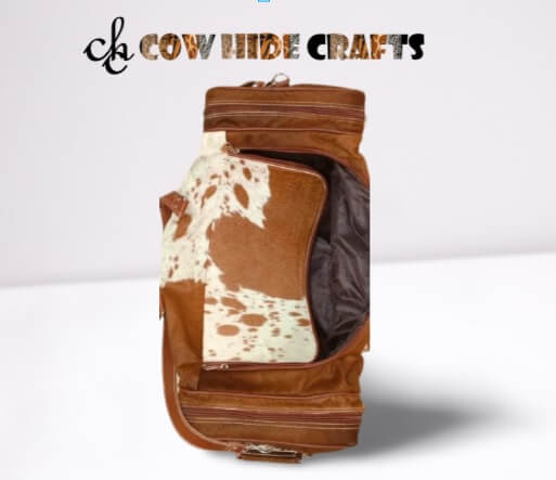 Top wide opening large cowhide duffle for parties.
