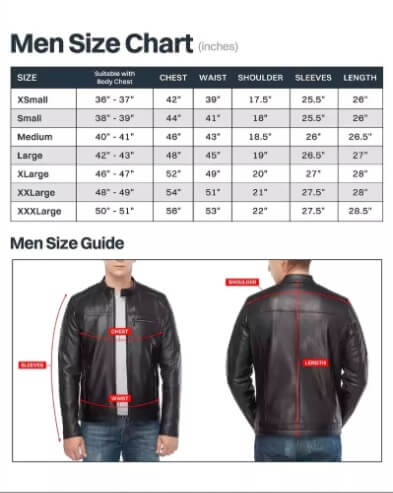 Measurement chart for men custom made leather garments.