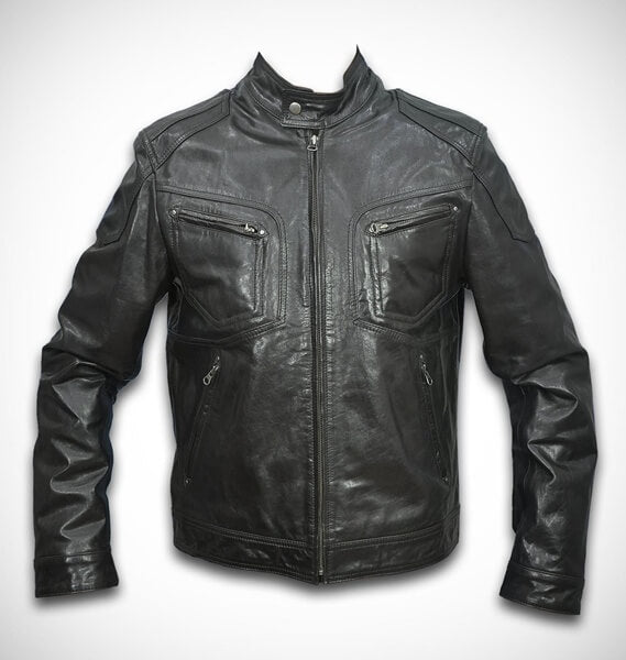 Men's dark brown distressed biker leather jacket front view